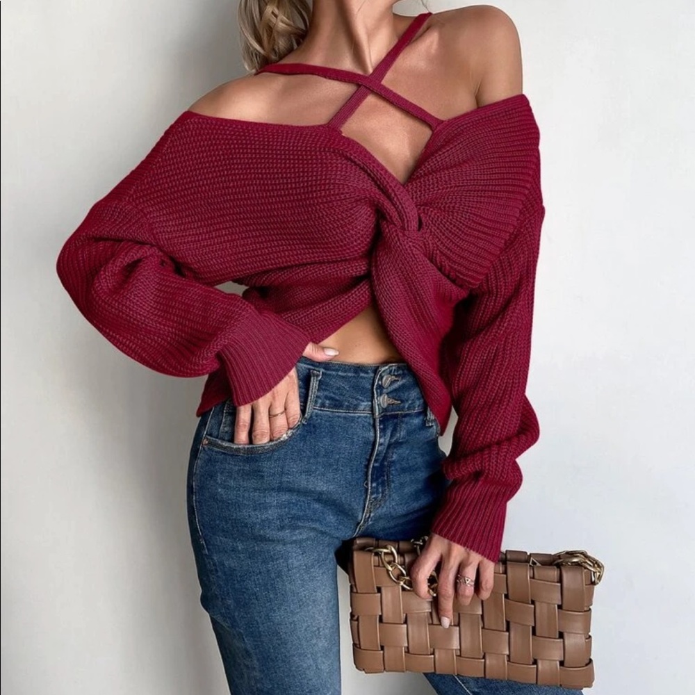 Dusty pink knit twist front cold shoulder sweater - Picture 9 of 12